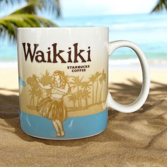 Starbucks 2011 WAIKIKI 16oz Coffee Mug Hula Beach Hawaii Collector Series EUC - Picture 1 of 6